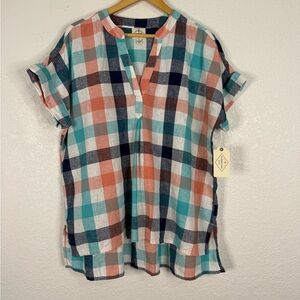 NWT St. John’s Bay Linen Cotton blend V-neck plaid popover Casual Natural Fabric